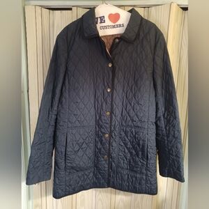 Brooks Brothers Jacket Womens 10 Navy Quilted Barn Chore Coat red plaid lining.